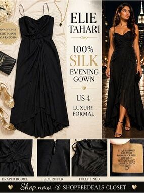 Elie Tahari 100% Silk Black Strapless Evening Dress Draped Gown US 4